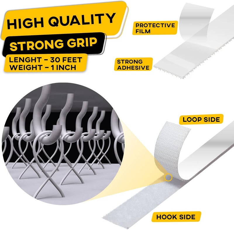 Trazon Hook and Loop Tape Roll with Heavy Duty Adhesive Industrial Strength Easy to Cut, Strong Hook and Loop Strips with Sticky Back, White, 1 Inch * 30 Feet - Image 3